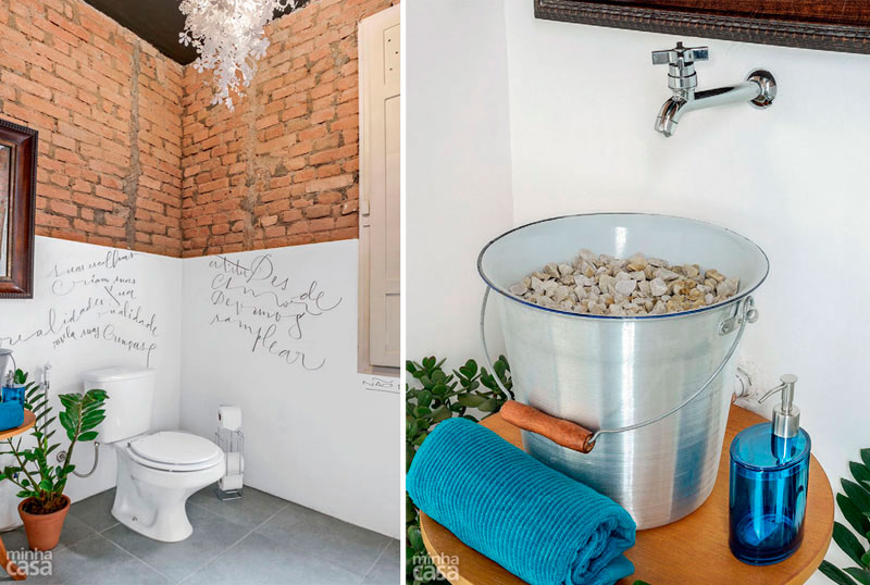 As paredes parcialmente descascadas do banheiro do publicit&aacute;rio F&aacute;bio Borges exibem frases escritas com caneta pincel pelo cal&iacute;grafo F&aacute;bio Maca. A pia tamb&eacute;m &eacute; inusitada: uma bacia esmaltada branca dentro de um balde antigo foi preenchida com pedriscos, que escondem o ralo.