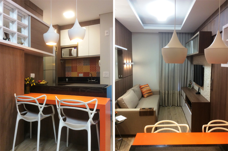 Apartamento de 28 m² ganha sala integrada e colorida
