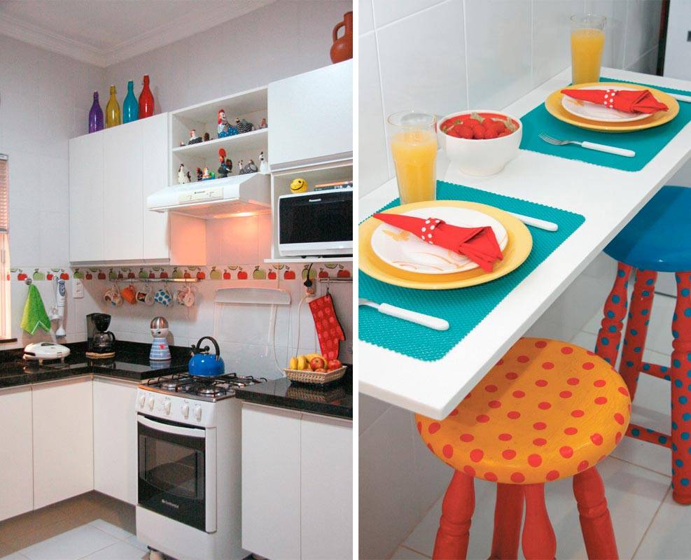 Ao desenhar os arm&aacute;rios da cozinha, a moradora determinou nichos para o fog&atilde;o, o depurador, a geladeira e o micro-ondas. Uma prancha de MDF serve de bancada. Etiquetas de lacrar envelopes, fixadas com cola em bast&atilde;o sobre a tinta acr&iacute;lica, formam o po&aacute; das banquetas.