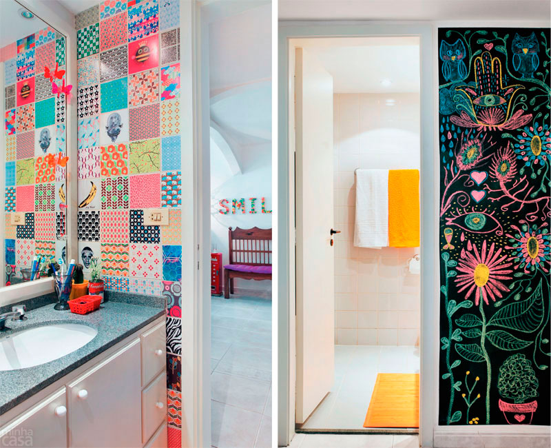 Do lado de dentro, o banheiro da blogueira Thalita Carvalho exibe adesivos coloridos aplicados nos azulejos &ndash; ela escolheu as imagens na internet e mandou imprimir na gr&aacute;fica do bairro. Do lado de fora, a parede recebeu tinta que d&aacute; a impress&atilde;o de um quadro-negro. Desenhos e recados riscados com giz acrescentam descontra&ccedil;&atilde;o ao ambiente.