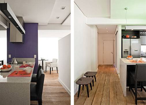 Paredes derrubadas: esta foi a solu&ccedil;&atilde;o para ampliar o espa&ccedil;o deste apartamento de 59 m&sup2;. Quem ganhou foi a cozinha, que prima pela eleg&acirc;ncia e praticidade. Feita de aglomerado sint&eacute;tico, a nova bancada integra os ambientes, amplia o espa&ccedil;o e disponibiliza quatro lugares para as refei&ccedil;&otilde;es.