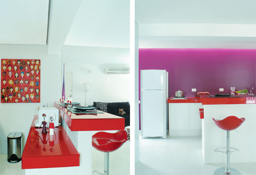 A parede cor berinjela &eacute; o destaque desta cozinha. Este tom foi adquirido com tinta de autom&oacute;vel, resistente &agrave; umidade e gordura t&iacute;picas do ambiente. A bancada e os outros m&oacute;veis brancos garantem o equil&iacute;brio das cores. O vidro vermelho cobre as superf&iacute;cies e arremata a decora&ccedil;&atilde;o ousada desta cozinha integrada.