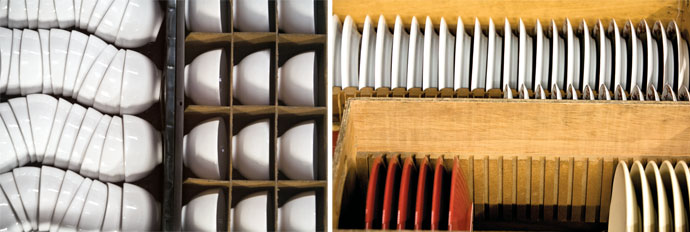 Os pratos s&atilde;o entregues em caixotes de madeira com divis&oacute;rias.