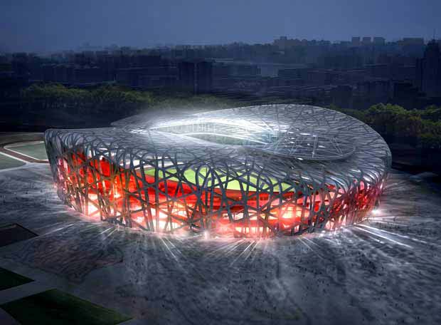 O Est&aacute;dio Nacional de Pequim, na China, que ficou conhecido como Ninho de P�...