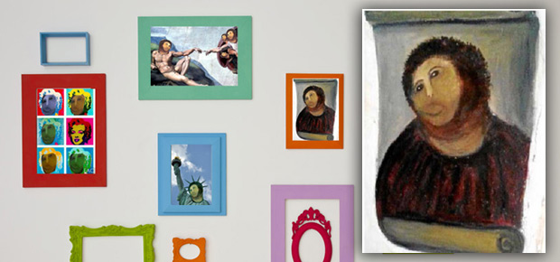Quadro de Cristo, restaurado por idosa, em destaque na parede