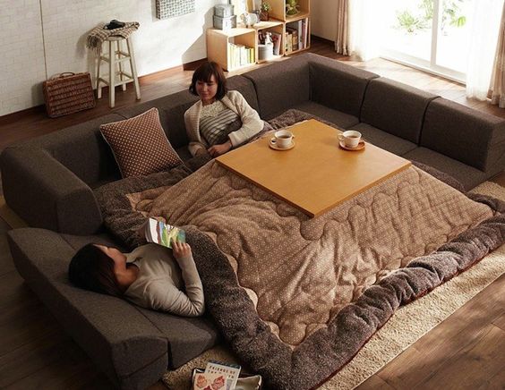 Kotatsu é uma mistura japonesa de mesa com cobertor e aquecedor