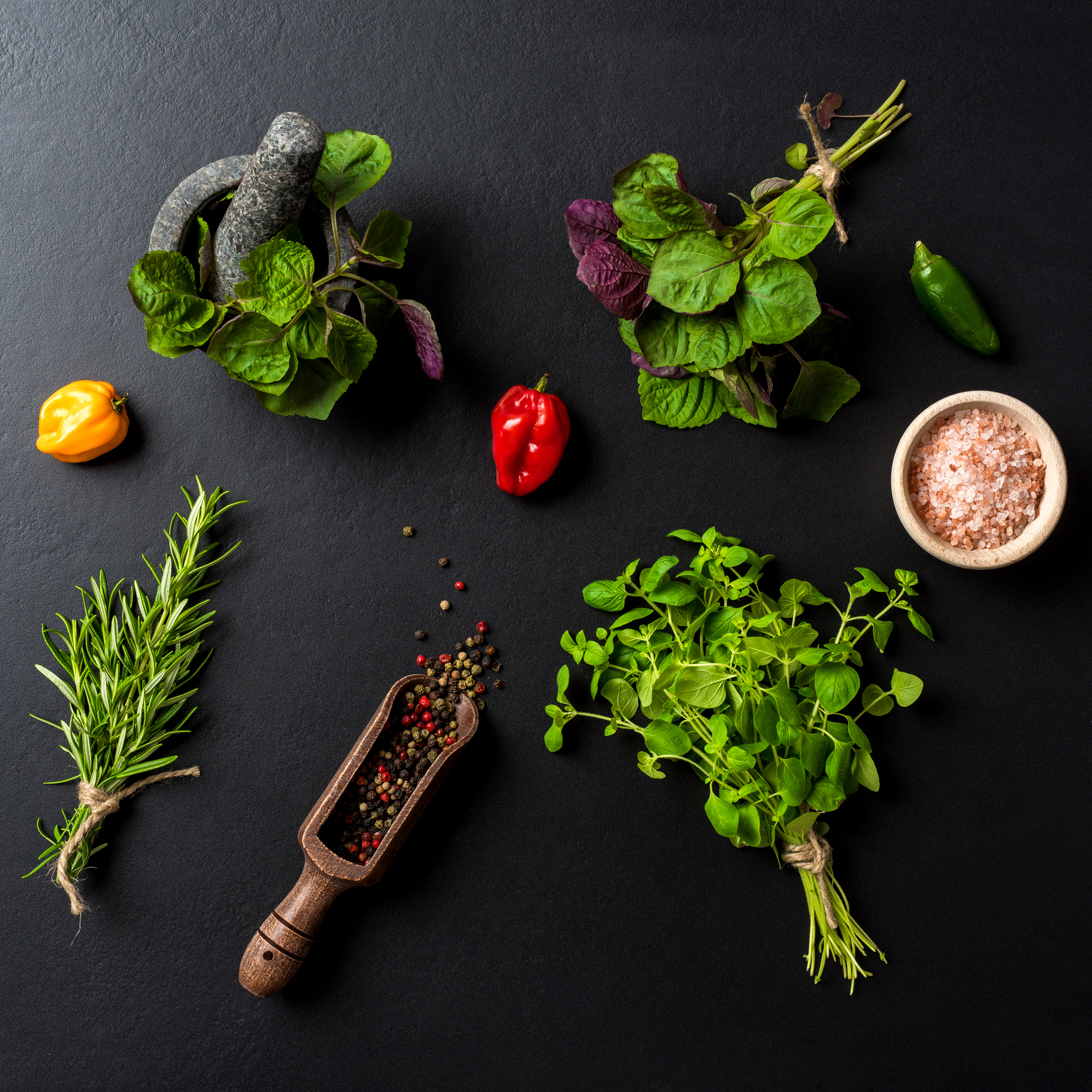 temperos frescos em um fundo escuro
