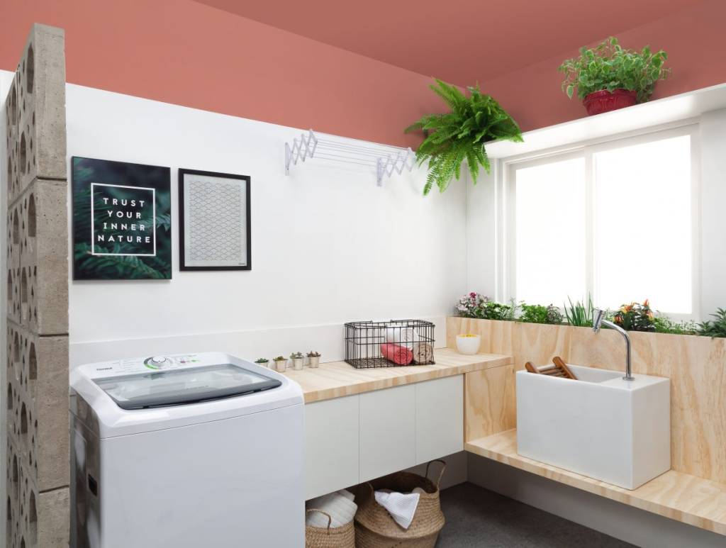 Lavanderia bem pensada para abrigar horta urbana