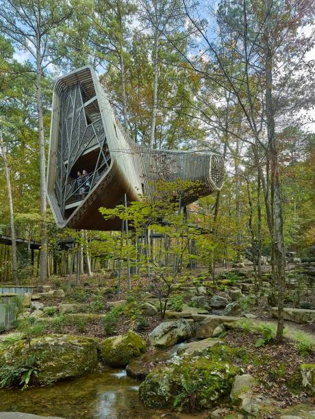 Aninhado numa encosta natural da Montanha Ouachita, ao longo do Lago Hamilton, em Arkansas, o Evans Children's Adventure Garden acolheu uma nova casa na árvore que proporcionará uma experiência educacional interativa para crianças visitantes como parte de um plano ambicioso: trazer as crianças de volta para a floresta.