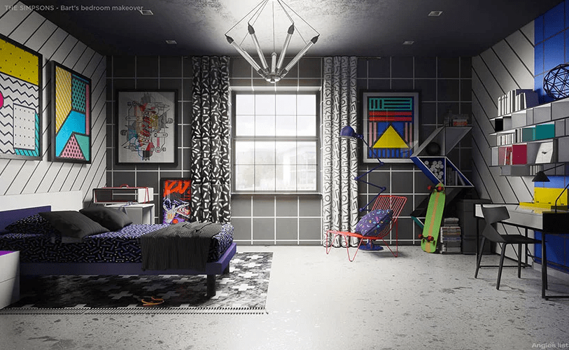 ... e o quarto do Bart depois, com um "estilo Memphis Design".