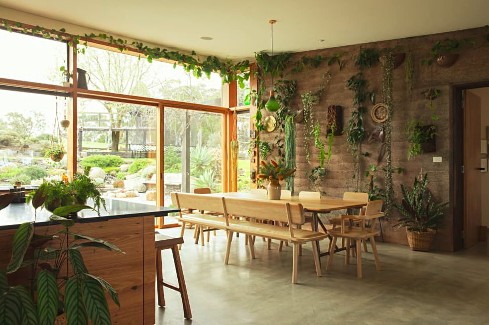 Parede de terra batida recebe jardim vertical em casa australiana