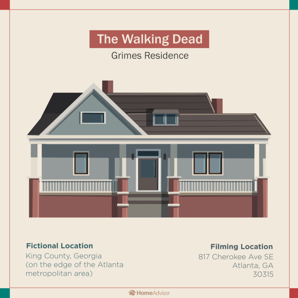 The Walking Dead – residência dos Grimes: A casa de Rick fica na verdade em Atlanta, Geórgia. Este bangalô construído em 1897 possui elementos tradicionais, como lareiras, uma banheira com pés de garra, pisos de pinho em coração e trabalhos originais em metal, mas também foi modernizado com os recursos de cozinha e eficiência energética de um chef.