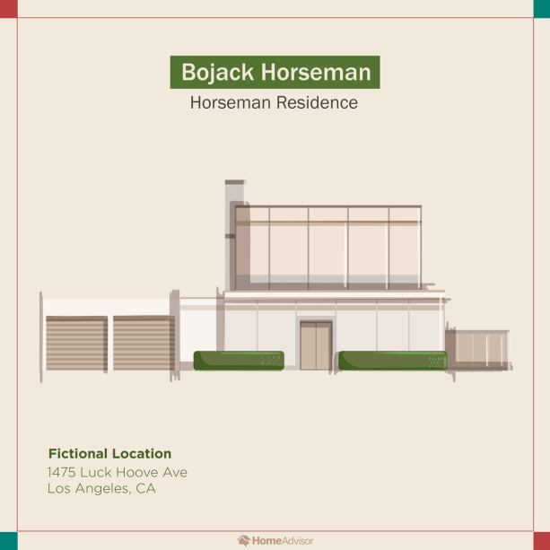 BoJack Horseman – residência do Horseman: A monstruosidade modernista da casa de BoJack está empoleirada sobre palafitas, refletindo a falta de estabilidade de nosso herói. O edifício lembra o trabalho do arquiteto contemporâneo Paul McClean – superfícies duras, ângulos retos e vegetação que parecem ter sido grampeados para efeito. Essa estética minimalista funciona bem na TV, mas pode ser difícil de alcançar no mundo real sem a ajuda de um organizador profissional local.