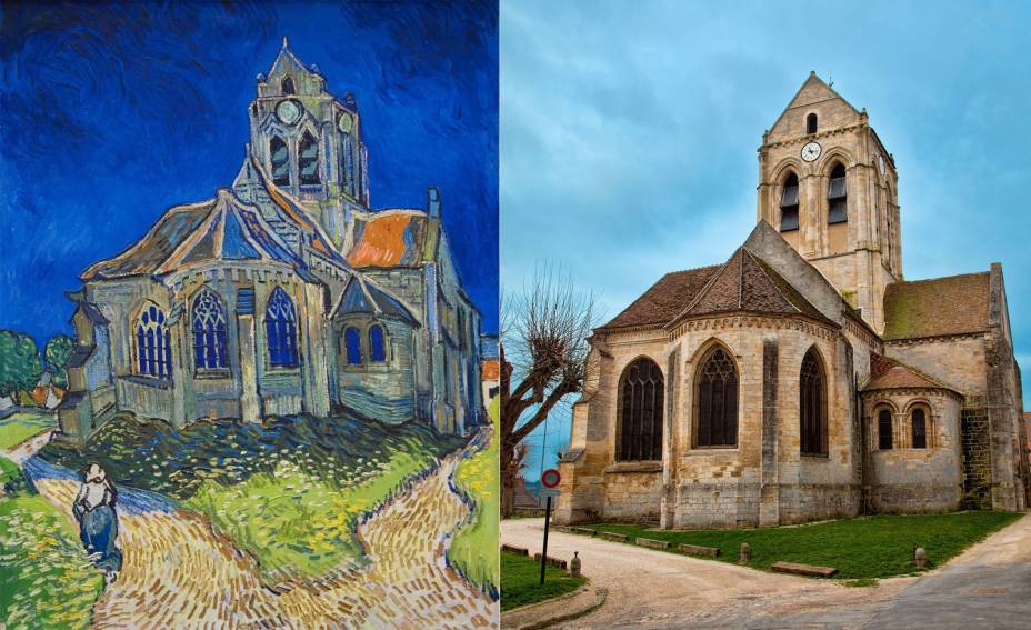 <strong>A igreja em Auvers por Vincent van Gogh (Auvers-sur-Oise, França).</strong> Quem viaja pelos arredores de Paris encontra várias cenas que foram retratadas por Van Gogh. Essa igreja foi pintada já no fim de sua vida e está localizada próximo do local de sepulcro do artista.