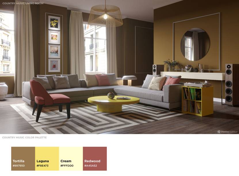 <strong>Sala de Country.</strong> Essa sala inspirada no Country conta com uma paleta de creme, amarelo-laguna, pau-brasil e tortilha, que remete a uma decoração de casa de campo. Existe algo fundamentalmente “marrom” nas guitarras e nos homens tristes com chapéus, ou estamos acostumados e fazemos a relação da música country com fazendas de madeira e cavalos castanhos...