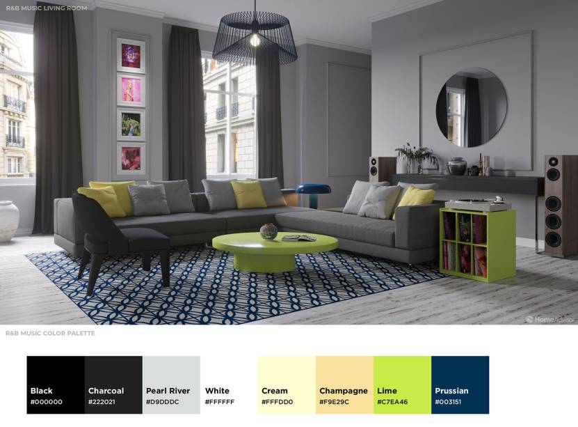 <strong>Sala R&B.</strong> A sala de R&B é tão harmoniosa que as cores podem ter sido escolhidas por um designer de interiores profissional. As tonalidades de champanhe, carvão, creme, limão, rio das Pérolas e da Prússia parece falar dos refinados arranjos atrevidos do gênero e do humor suave.