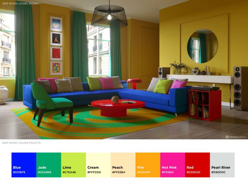 <strong>Sala de Rap.</strong> De creme a fogo, as cores cobrem o espectro em tom e intensidade. Para que esses tons funcionem harmoniosamente em sua casa, convém entrar em contato com um decorador de interiores. A sala foi projetada para quem ouve os detalhes e aprecia a natureza eclética do hip-hop.