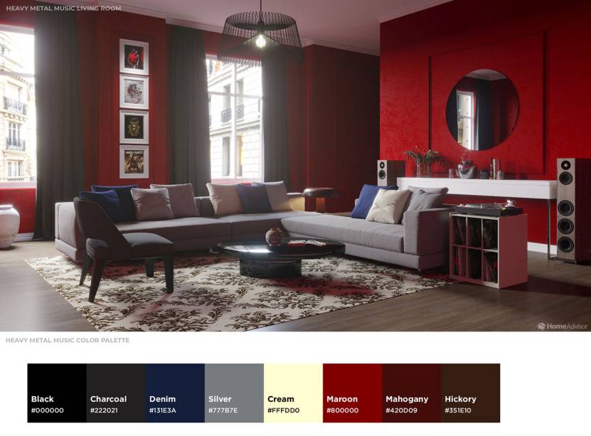 <strong>Sala de Heavy Metal. </strong>Você sabe que, couro preto, sangue de galinha e o fogo do inferno são presentes nesta decoração, correto? (brincadeira). Se você optar por incorporar essas cores sombrias ao seu espaço, verifique se você tem luz natural suficiente para combatê-lo. Um profissional pode ajudá-lo a descobrir uma maneira de incorporar mais luz ao seu espaço e não deixá-lo tão dark como a música!