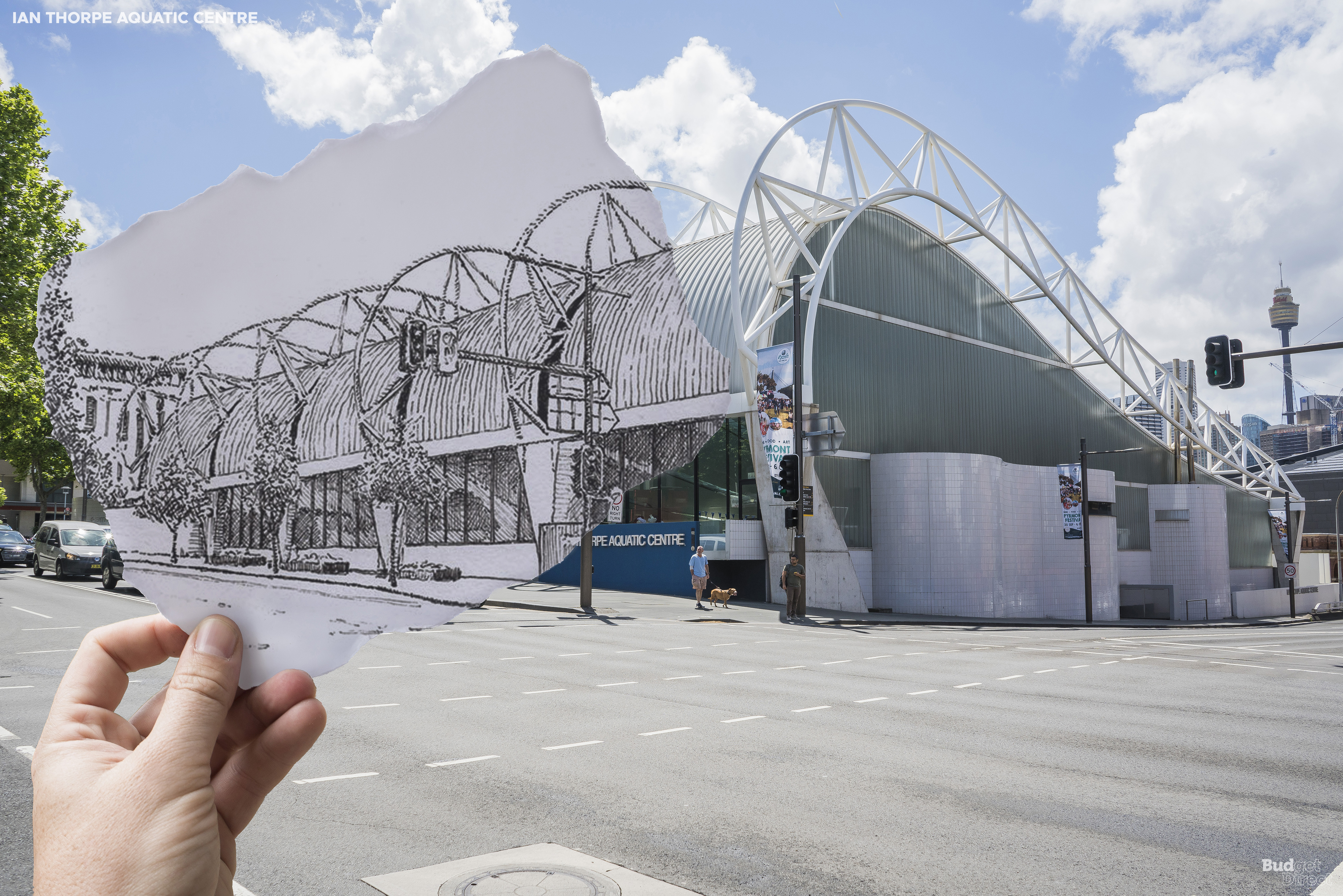 "Esta &eacute; realmente uma das obras mais recentes, mas tamb&eacute;m melhores, de Harry Seidler", diz Elizabeth Farrelly, autoridade de arquitetura de Sydney. "&Eacute; uma met&aacute;fora um pouco boba, talvez um tanto fatuosa por fora, mas por dentro &eacute; apenas uma sala de tirar o f&ocirc;lego". A met&aacute;fora em quest&atilde;o &eacute; o telhado de a&ccedil;o expresso em forma de onda de Seidler. Ele ecoa n&atilde;o apenas as piscinas internas, mas tamb&eacute;m o Darling Harbour, uma transi&ccedil;&atilde;o que continua atrav&eacute;s de fachadas de vidro transparente para a paisagem urbana mais al&eacute;m. O arquiteto deliberadamente colocou a entrada na extremidade inferior da 'onda', aumentando a sensa&ccedil;&atilde;o de grandeza dos visitantes quando eles entram.