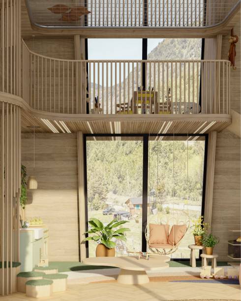 Brinquedoteca, por Estudio Minca + Hauzz Estudio Criativo | Há três níveis diferentes, mas todos conectados por sacadas, escadas e escorregas, revestidos de pinus com diferentes texturas e tramas, desenhando um efeito visual dos mais interessantes. Uma grande pintura de árvores e animais típicos da região, assinado por Juliana Bernabó, cobre uma das paredes.