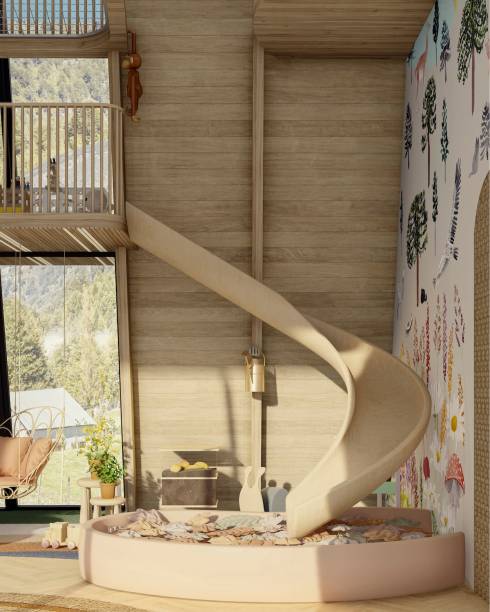 Brinquedoteca, por Estudio Minca + Hauzz Estudio Criativo | No térreo, a ideia foi deixar o espaço mais livre para as brincadeiras. É ali que ficam os móveis da minicozinha, composteira e  jardinagem - lançamentos do Estúdio Minca, marca de Thaynã. No segundo nível, tem a estação de “pesquisa/laboratório” para os pequenos desbravarem os materiais “catados” nas redondezas, como folhas e pedras.
