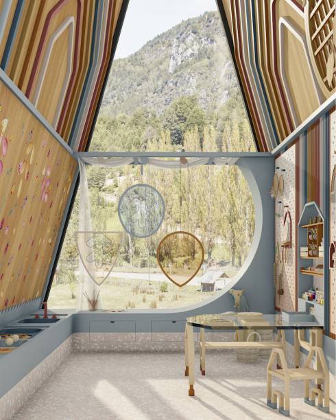 O objetivo aqui é fazer os pequenos soltarem a imaginação em um ateliê repleto de cores e texturas, incentivando o manuseio de argila, terra, pedras, folhas, tintas ecológicas e retalhos de tecido. Esse espaço lúdico, de 10 m², foi tingido com uma paleta de azul, rosa velho e amarelo mostarda - misturada com diferentes tonalidades terrosas.