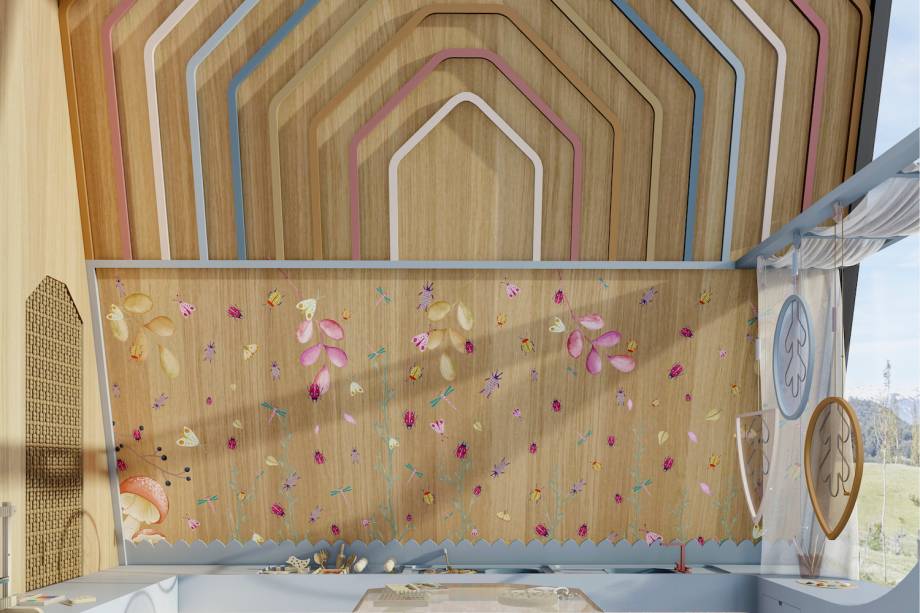 Para completar, o painel pegboard (em leve degradê tingindo a madeira), e lousa em formato de árvore com uma copa de madeira que funciona como um varal para expor as obras dos mini artistas. Há ainda a parede com pintura artística, criação de Catarina Thomaz (Nossa Bossa) especialmente para o espaço.