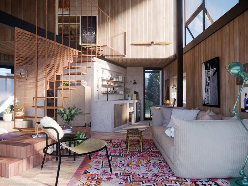 Loft dos Gêmeos, por Grão Arquitetura | A cabana de cerca de 65 m² foi pensada para um casal na faixa dos 40 anos, com filhos gêmeos de 6 anos.