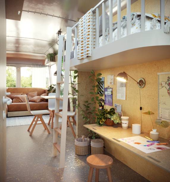 AIRSTREAM, por Cajoo.studio | Inspirados na ergonomia e estética das naves espaciais, típicos da obra da arquiteta russa Galina Balahova, eles dividiram os “cômodos” do airstream de forma fluida, com rolos fixados no reto que descem e sobem como cortinas.