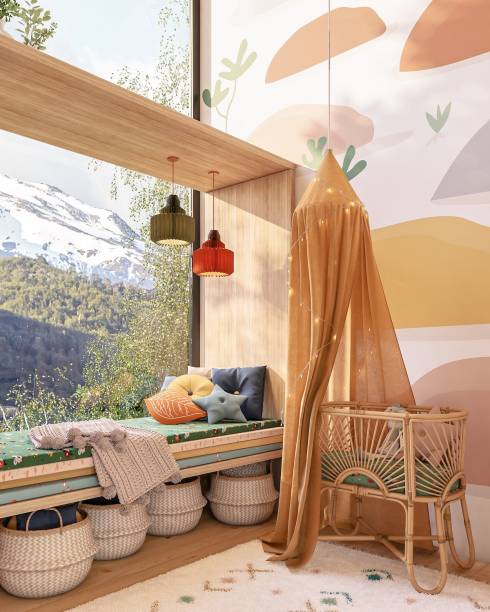 Quarto da Cora, por Elefante Design + Uáuá | O bercinho de rattan fica no centro do ambiente, com uma tenda de linho (ambos da Coelho na Lua). Lindo o papel de parede com inspiração nas pedras típicas da região!