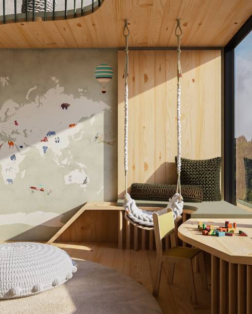 Sala de Convívio, por MRC Arq. Design | Na parede ao lado, papel com imagem de mapa da marca argentina Enamoradas del Muro. Conceitos da educação montessoriana e pikler inspiraram o ambiente, que traz elementos para incentivar atividades motoras e a autonomia das crianças. Por isso, Maria Rita apostou em uma copinha de apoio, perfeita para instigar a família a preparar um lanche juntos.