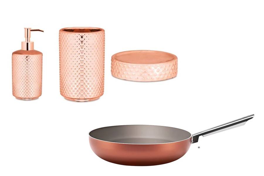 <span style="font-weight: 400">Kit para banheiro de cer&acirc;mica rose gold (</span><a href="https://www.awin1.com/cread.php?awinmid=17790&awinaffid=726913&clickref=Casa.com&platform=dl&ued=https%3A%2F%2Fwww.camicado.com.br%2Fp%2Fkit-para-banheiro-rose-gold-de-ceramica-3-pecas-mart%2F-%2FA-mkt95008689-br.lc" target="_blank" rel="noopener"><span style="font-weight: 400">R$ 180,99</span></a><span style="font-weight: 400">) e wok 3,55 litros na cor cobre (</span><a href="https://www.awin1.com/cread.php?awinmid=17790&awinaffid=726913&clickref=Casa.com&platform=dl&ued=https%3A%2F%2Fwww.camicado.com.br%2Fp%2Fwok-28cm355l-curry-cobre-brinox%2F-%2FA-700036455-br.lc" target="_blank" rel="noopener"><span style="font-weight: 400">R$ 136,90</span></a><span style="font-weight: 400">), ambos na Camicado.</span>