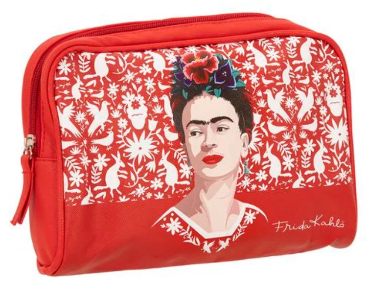 lista banheiro camicado 02 Necessaire vermelha com desenho de Frida usando um vestido vermelho com flores na cabeça