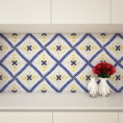 lista banheiro etna 01 Bancada branca. Parede de azulejos com padrão de linhas azuis e flores amarelas