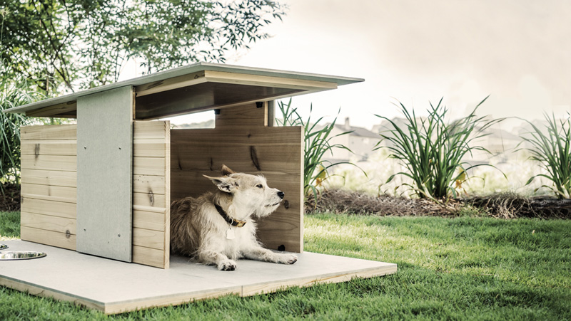 Casinha de cachorro feita de madeira com design moderno