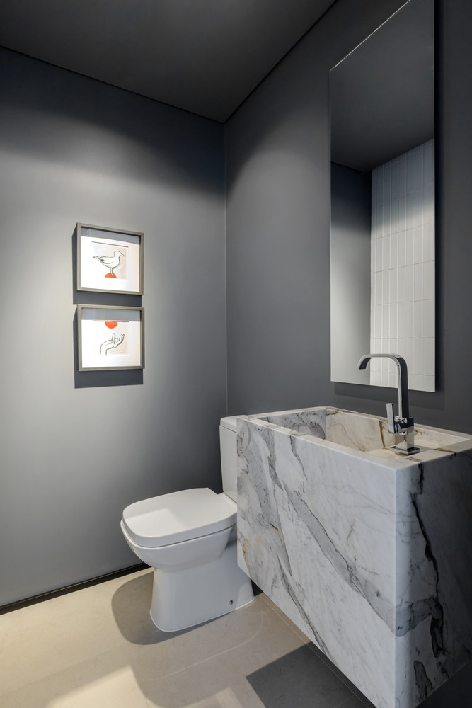 estudio-de-73-m²-com-planta-integrada-e-design-moderno-casa.com-archdaily-studio-gabirel-bordin-fabio-junior-severo-9 Lavabo, com paredes cinzas e vaso branco. A cuba é feita em pedra com detalhes