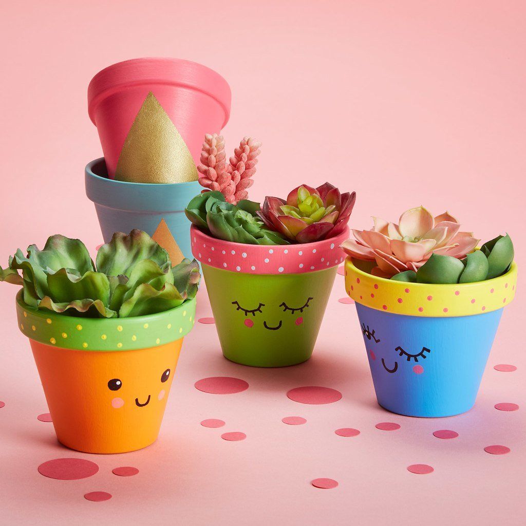 Vasos de planta coloridos com rosto desenhados na frente