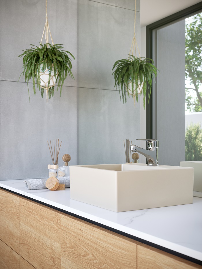 Banheiro minimalista que usa cuba champagne da Incepa