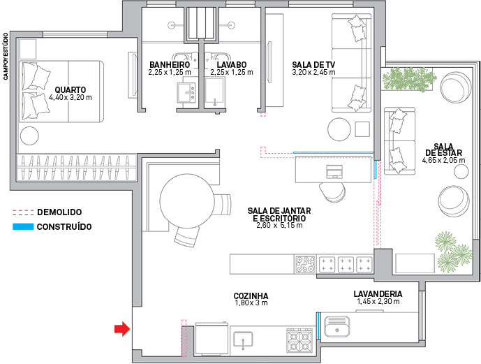 As atenções se voltaram para as áreas comuns, reunidas em um espaço único e aberto. Área: 66 m²; obra: DSD Stands; Luminotécnica: Marcela Madureira e Lorenzza Lamoglie.