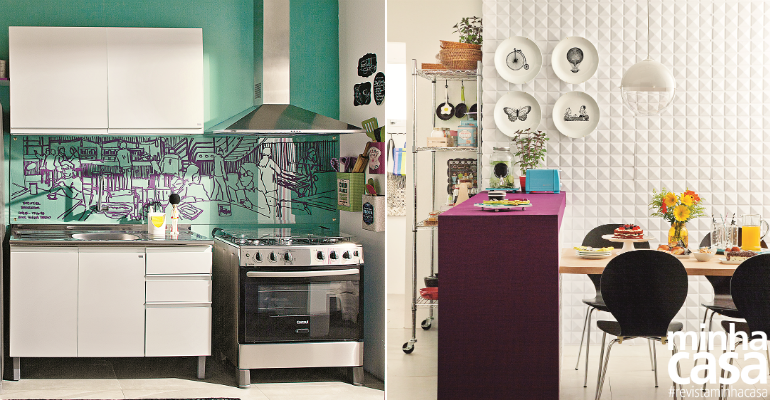 Cozinha e lavanderia integradas têm revestimento 3D, balcão americano e parede turquesa