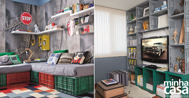 Caixotes de plástico viram móveis na sala de estar e quarto