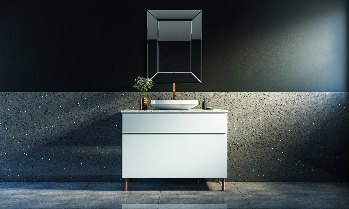 Na parede, a nova marca de superf&iacute;cie de quartzo Topzstone (aqui no padr&atilde;o Gray Lights com part&iacute;culas brilhantes), do capixaba Grupo Guidoni.