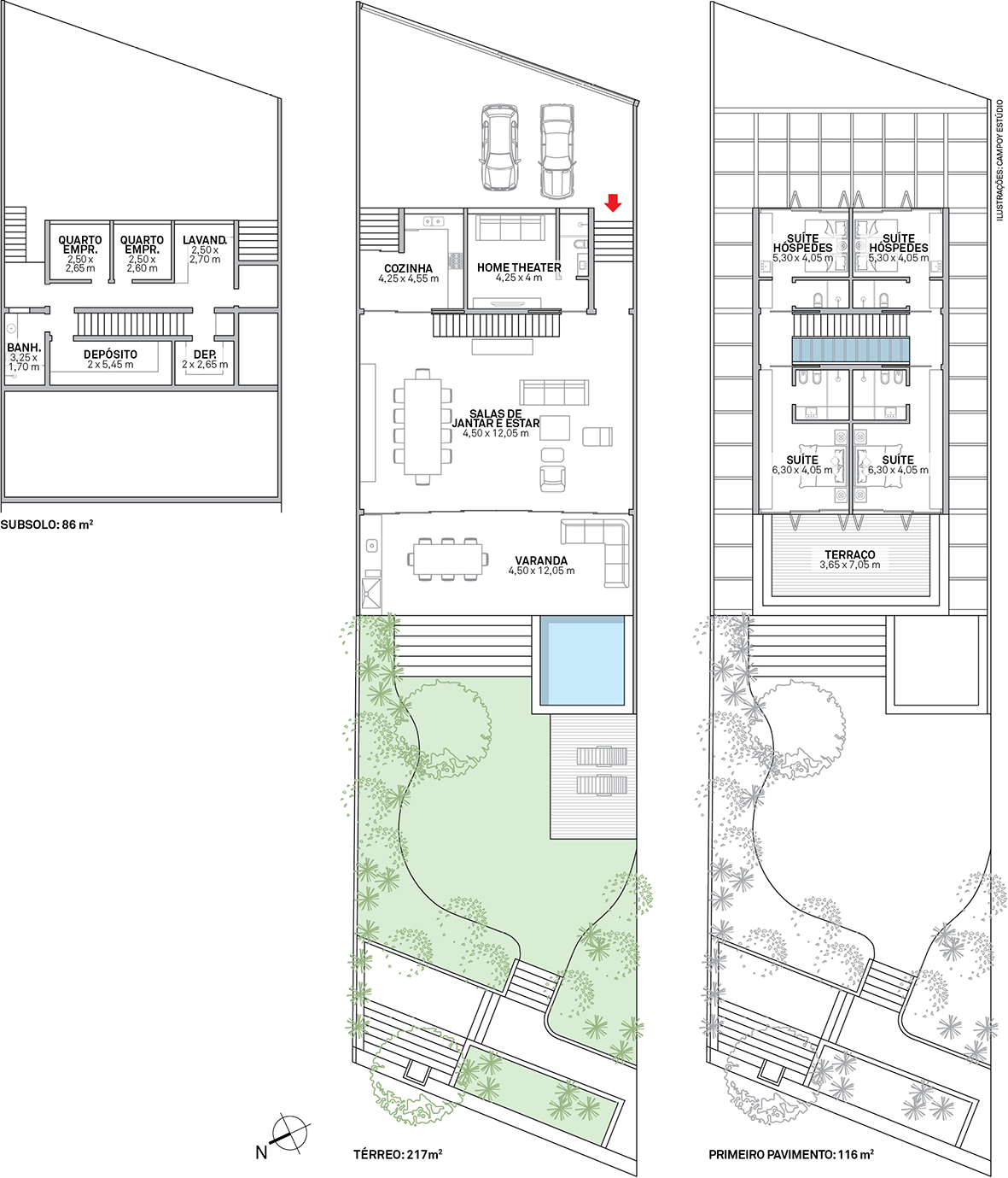 O terreno de 1 800 m&sup2; do condom&iacute;nio foi dividido em quatro faixas com 12,65 m de largura cada uma, a mesma medida das casas, todas com plantas iguais a esta. &Aacute;rea: 419 m&sup2;; Equipe colaboradora do projeto arquitet&ocirc;nico: Andres Galv&eacute;z, Edgar Murata, Fabiana Porto, Rafael Zampini ; Luminot&eacute;cnica e interiores: Gebara Conde Sinisgalli Arquitetos; Paisagismo: Fernando Chacel; Projetos el&eacute;trico e hidr&aacute;ulico: Grau Engenharia; Constru&ccedil;&atilde;o: Ricardo Peters; Estrutura: Le&atilde;o e Associados