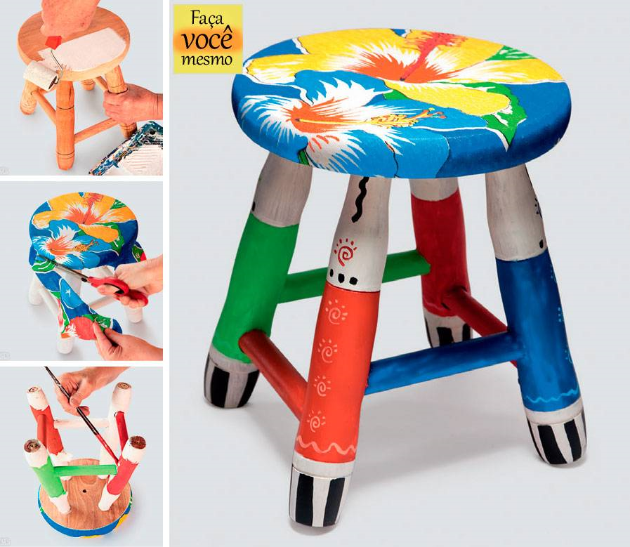 Passo a passo: customize um banquinho com tecido e tinta