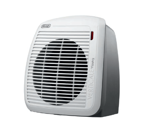 O termoventilador Verticale Young (17,7 x 25,4 x 23,8 cm), da DeLonghi, pesa 600 g. Tem até 2 000 W de potência, conta com dois níveis de aquecimento e também funciona só como ventilador. Segundo o fabricante, pode ser usado em ambientes úmidos. RR Máquinas , R$ 158,40