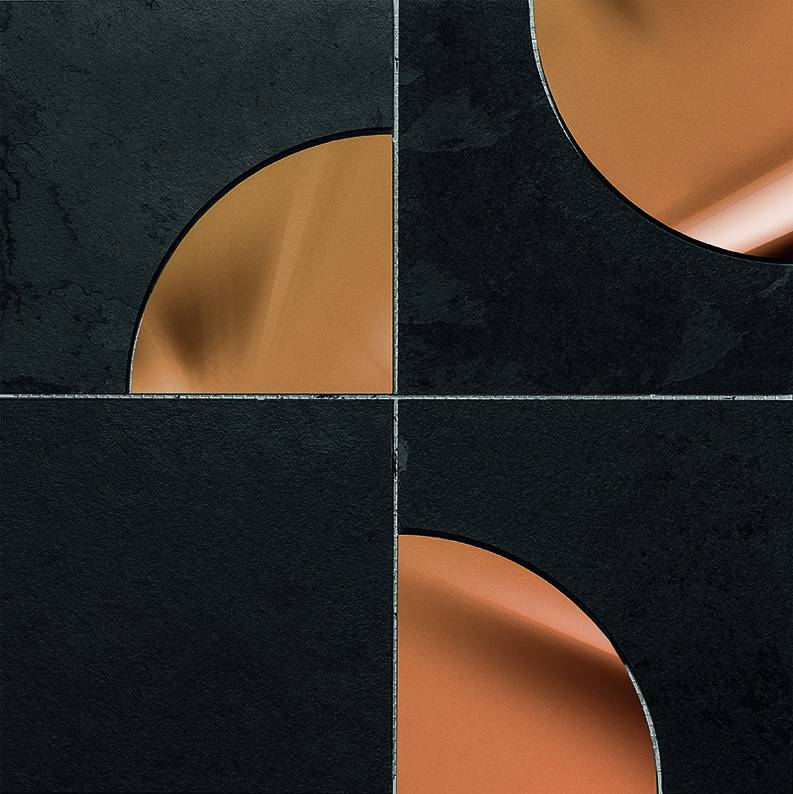 Mosaico de parede Round Copper (29,2 x 29,2 cm), montado pela Mosarte com ard&oacute;sia e cobre.
