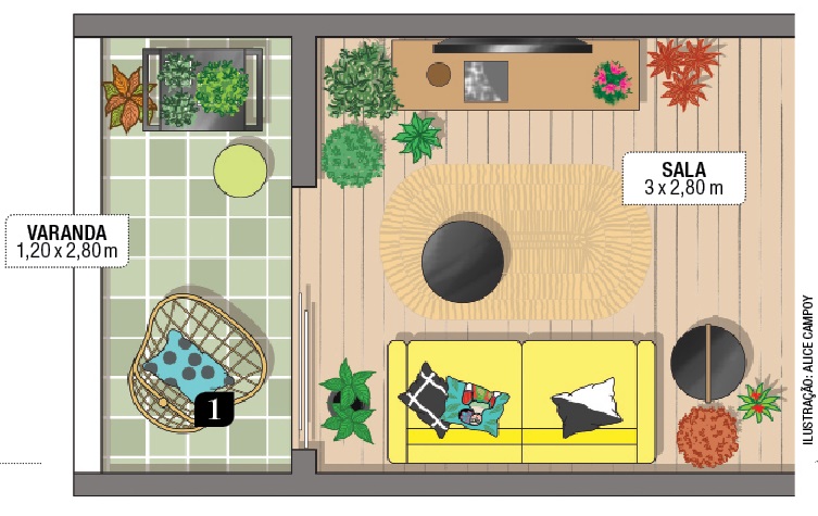 sala de estar e varanda com inspiracao urban jungle planta