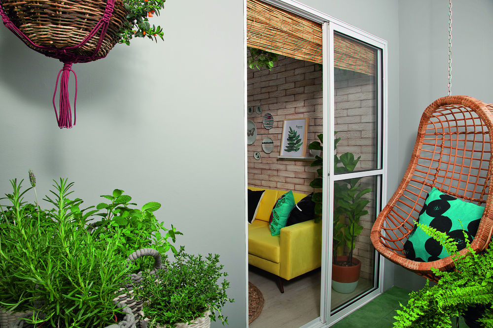 sala de estar e varanda com inspiracao urban jungle varanda1