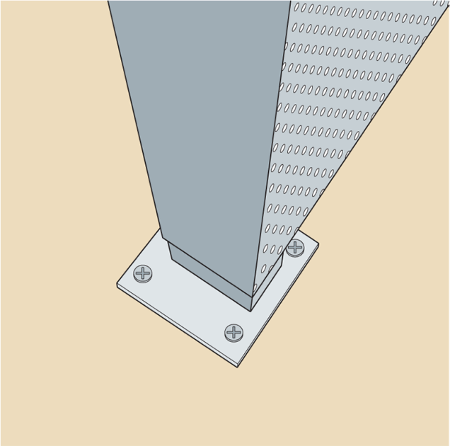 A estrutura tira partido de tubos retangulares de 30 x 50 mm, presos ao chão por uma placa de acabamento parafusada em quatro pontos. A estrutura tira partido de tubos retangulares de 30 x 50 mm, presos ao chão por uma placa de acabamento parafusada em quatro pontos.
