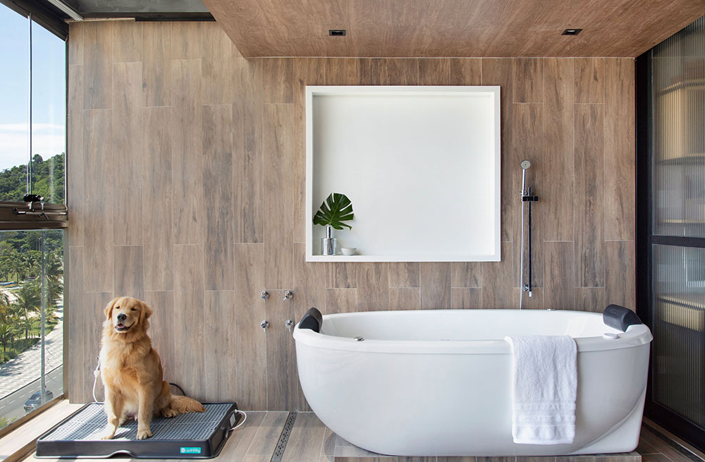 Apartamento tipo loft com 45m2 assinado pela J1 ARQUITETURA E ENGENHARIA _ foto 5-banheira-madeira Banheira de imersão solta. Cachorro sentado ao lado